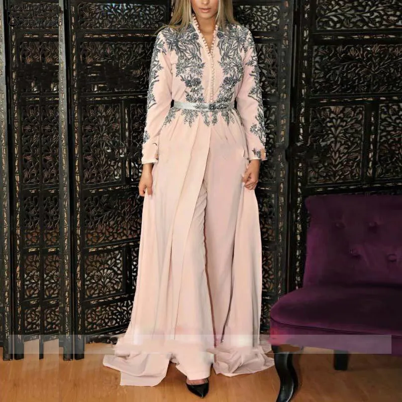 Blush marocchino rosa caftano abito da sera tailleur pantalone appliques ballo di fine anno celebrità algerina abiti formali maniche lunghe donne musulmane islamiche speciale ocn wear