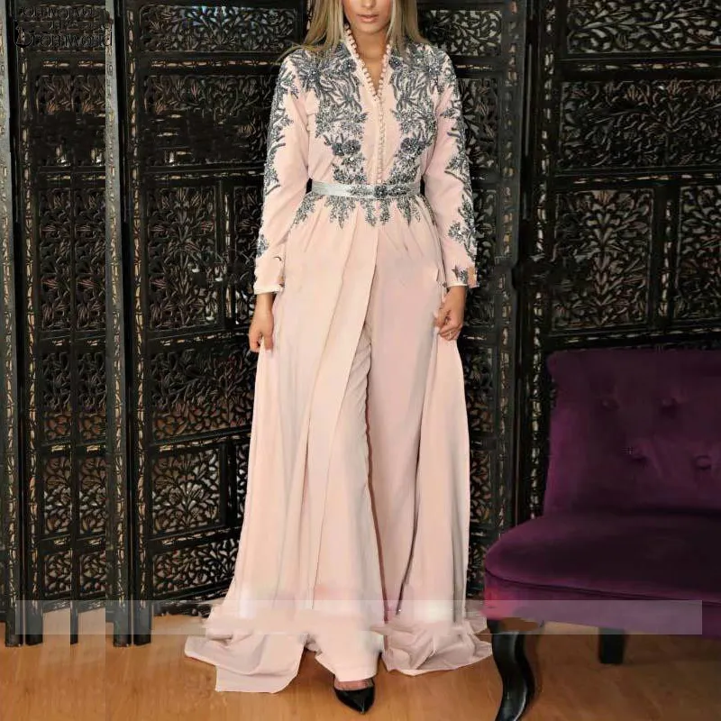 Blush rose caftan marocain robe de soirée pantalon costumes appliques bal célébrité algérienne fête robes formelles manches longues femmes musulmanes islamiques vêtements pour occasions spéciales