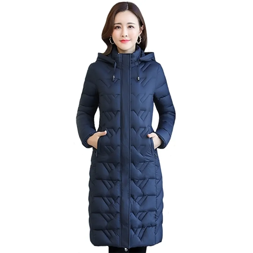 Kvinna Long Coat Hooded Solid Casual Kvinnors Vinter Jacka med Dragkedja Tjock Stand Krage Bomull Vadderad Kvinna Parkas 210819