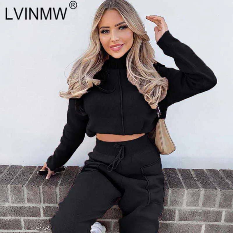 Lvinmw Slim Solid Patchwork Dwuczęściowe Zestaw Kobiety Mock Neck Z Długim Rękawem Crop Top Wysoką Talia Sznurka Kieszenie Proste Spodnie Y0625