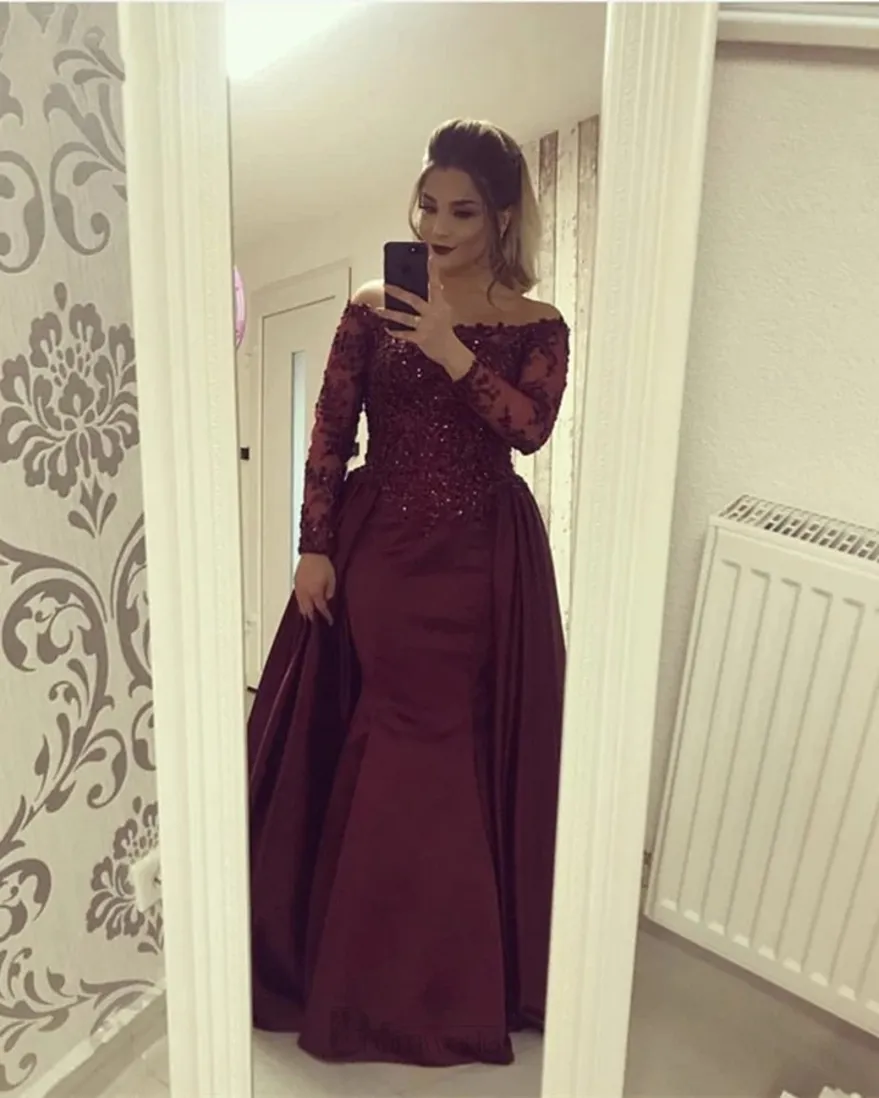 Full Sleeves Lace Off Shoulder Mermaid Prom Dresses Long Beading Satin Elegant Burgundy Formal Party Evening Dress 2021