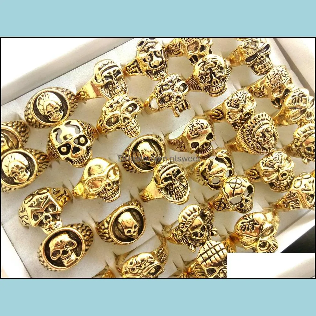 Wholesale lot 50pcs Gold Mix Men Gift Mens Punk Style Jewelry Skull Ring Skeleton Pattern Man Gothic Biker Rings Party Gift Wholesale