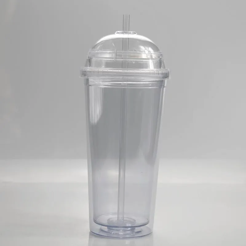 20 oz temizle hasır bardak şişe ile açık çift akrilik kapak kubbe duvar plastik kaçak geçirmez fincan su 2059 v2
