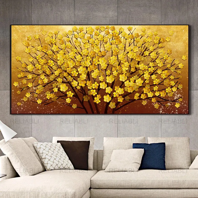 Peinture à l'huile moderne imprimée sur toile doré jaune riche arbre fleur plante affiches et impressions photo murale pour salon décor