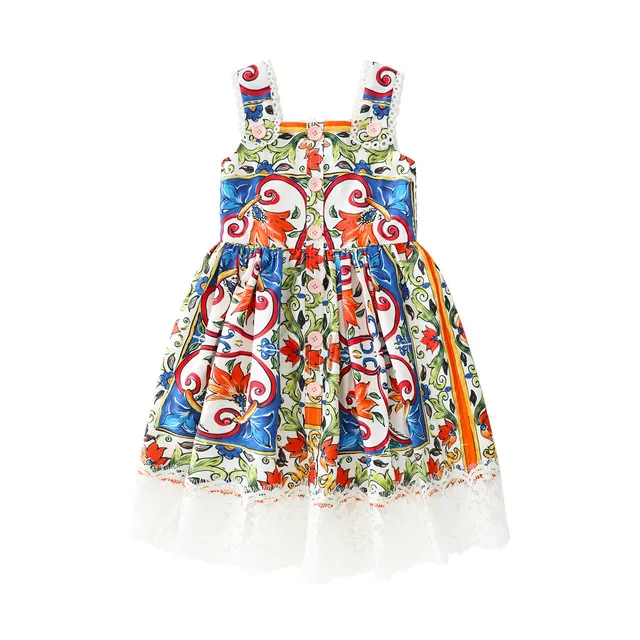 Partihandel Kids European And American Summer Girls 'Dress With Färgglada Keramiska Utskrift Barnens Koreansk stil Princess Kjol