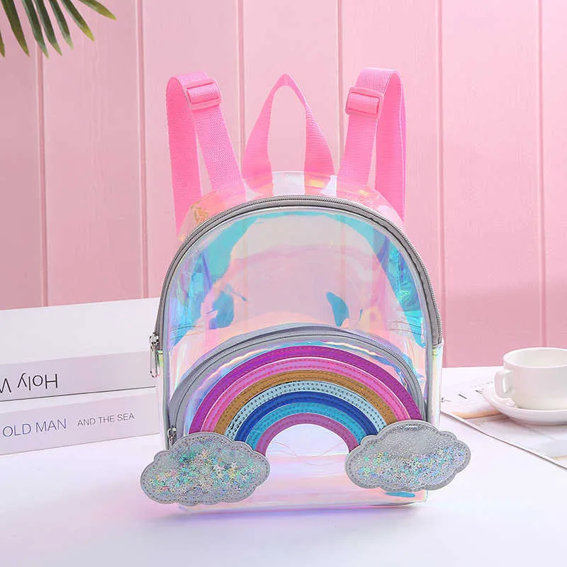 Tecknad regnbåge unicorn pvc transparent ryggsäck för barn plysch dagis liten skolväska tjejer skolväskor mini ryggsäck 210901