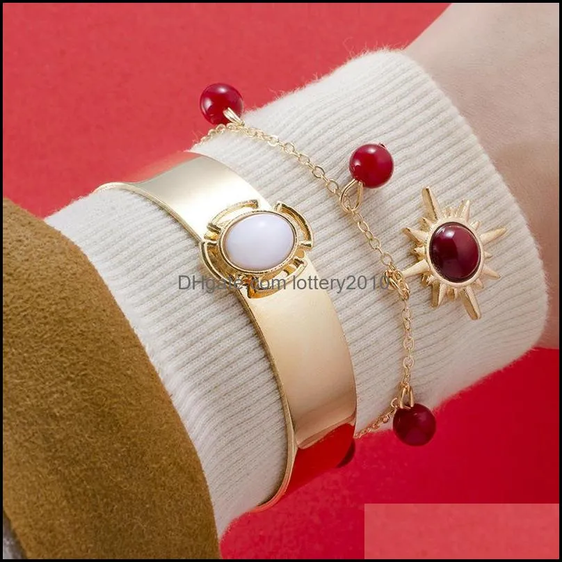 Trendy Retro Roman Sun Women`s Bracelet Alloy Beaded Dripping Tassel 5 Piece Set High Quality Fashion Jewelry Wholesale Link, Chain