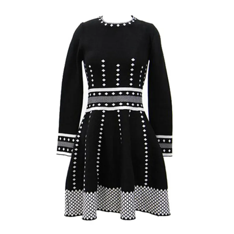 Zwart en wit O hals Volledige lange mouw flare geometrische gebreide knielengte herfst winter jurk elegante D0752 210514