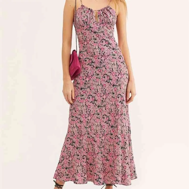 Casual Woman Slim Floral Cotton Spaghetti Strap Long Dress Summer Fashion Ladies Backless es Female Holiday 210515