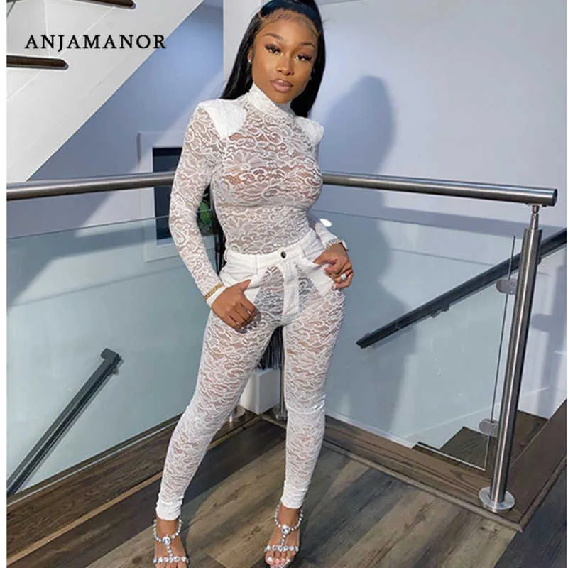 Anjamanor See Through Lace Sexy Club Tweedelige Set Top en Broek Nieuwe Producten 2020 Party Bodycon 2 stks Sets Womens Outfits D37AF5 Y0625