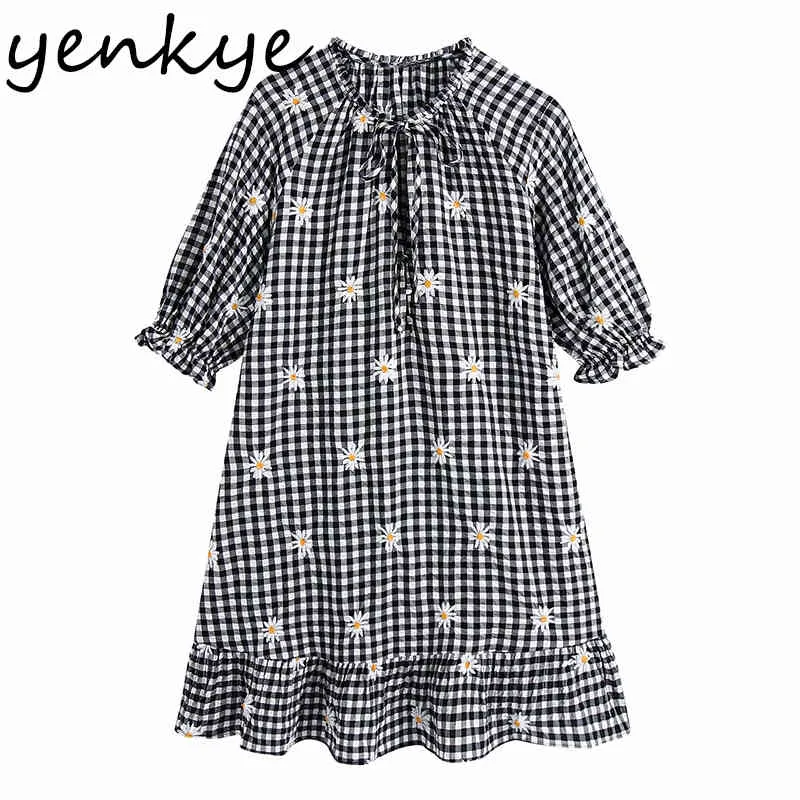 Summer Women Vintage Kwiatowy Plaid Sukienka Kobieta Lace Up Stojak Kołnierz Pół Rękaw Casual Luźny Plus Rozmiar Vestido 210430