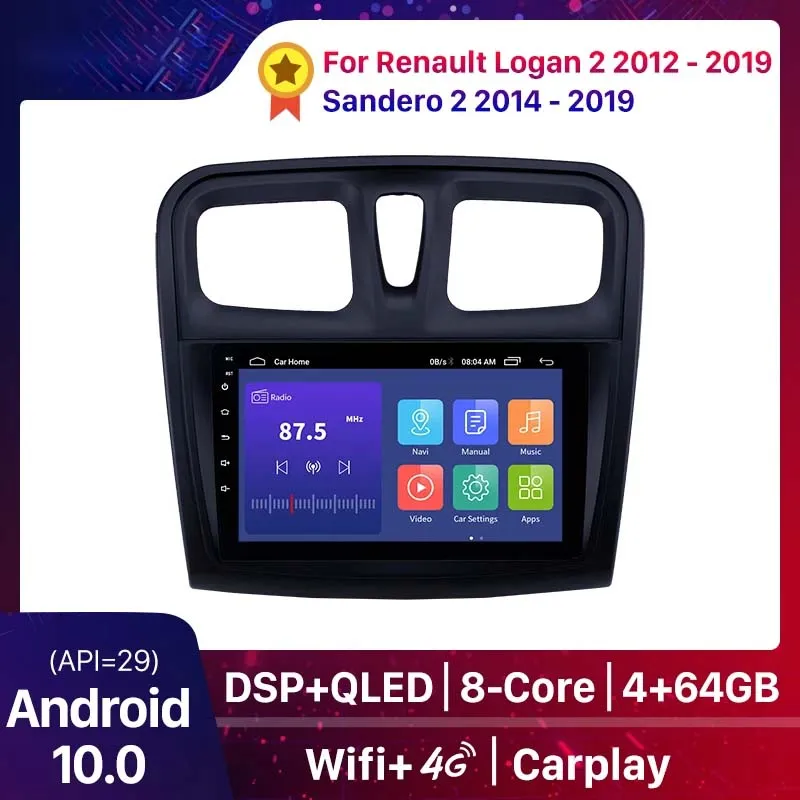 Android 10.0 2DIN Car dvd Unità di Testa Radio Audio GPS Lettore Multimediale Per Renault Logan 2 2012-2019 Sandero 2 2014 - 2019