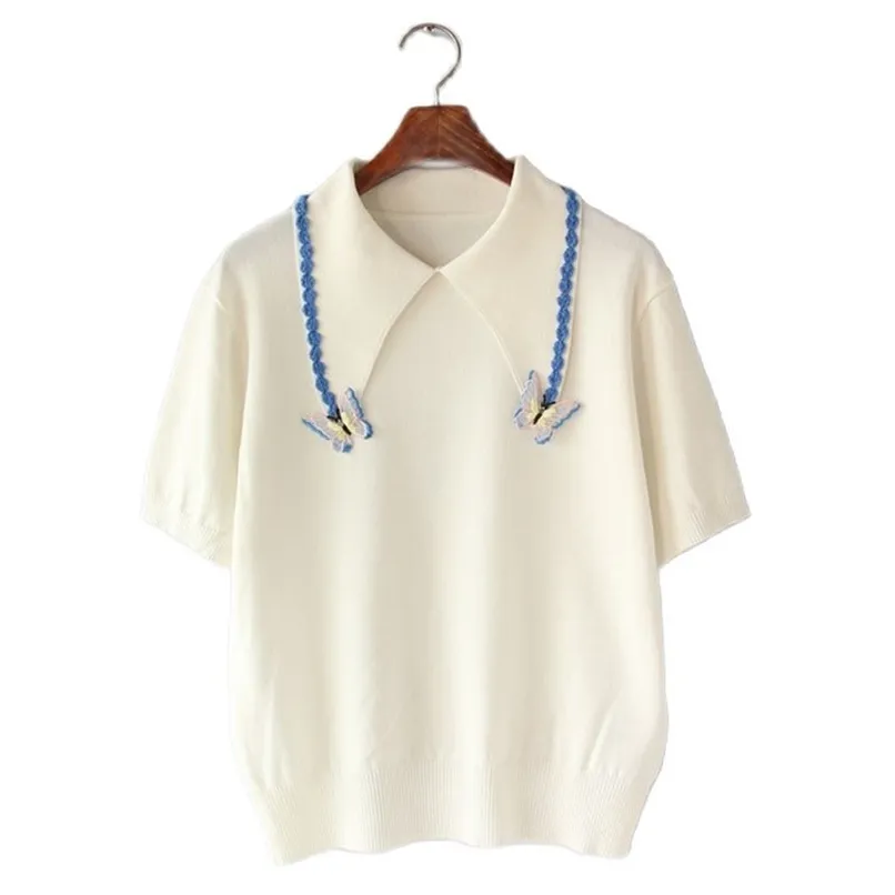 韓国のファッション半袖ラペルセータールースと薄いアイスシルクTシャツ夏のトップ婦人服210520