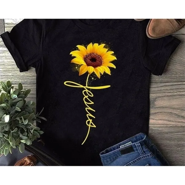 Kuakuayu-XSX Sunflower Jezus Christian T-shirt Lato Kobiety Krótkie Rękawy Casual Black Tee Faith Koszula Prezent X0628