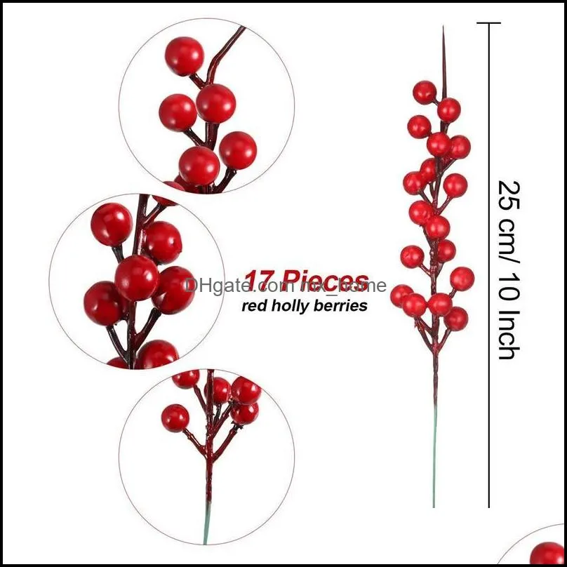 2021 20PCS Artificial Red Berries Fake Flowers Fruits Berry Stems Crafts Floral Bouquet for Wedding Christmas Tree Decoration