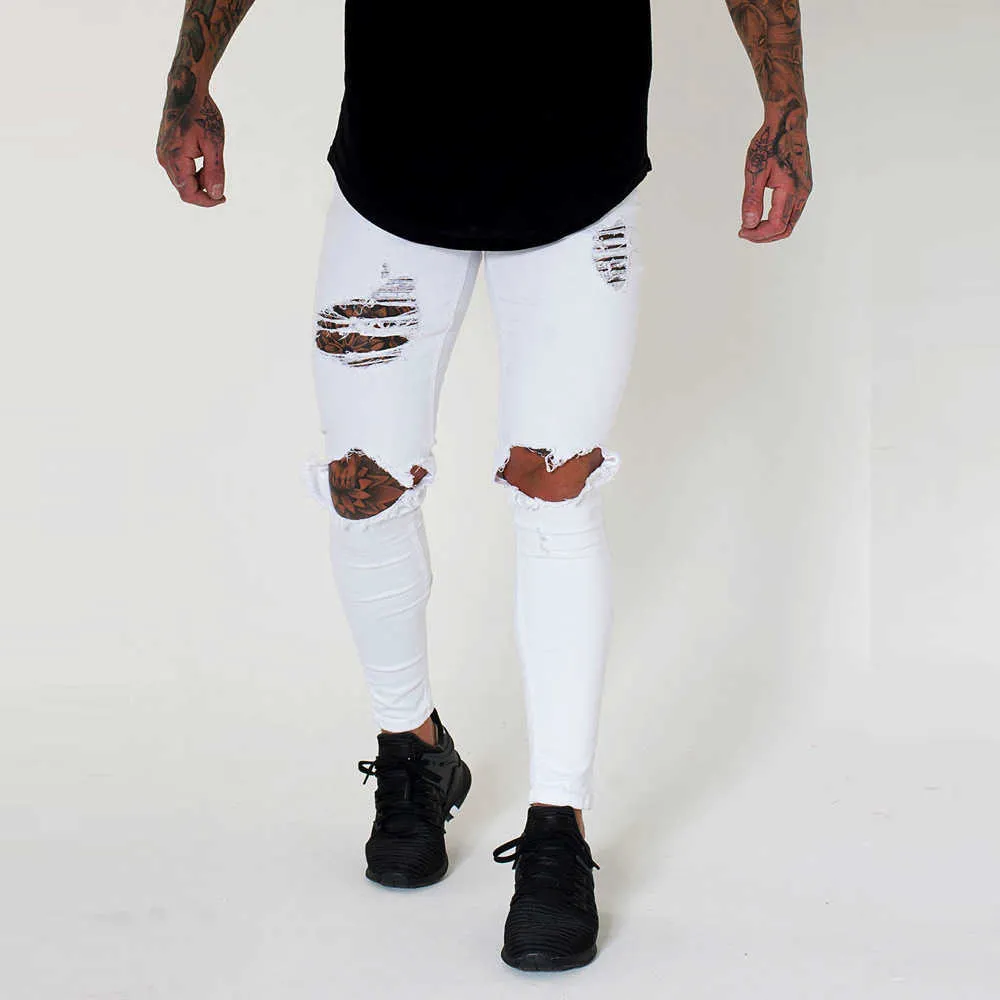 Wihte Men Knee разорвал отверстия тощий разрушенные джинсы мода Slim Fit Hip Hop Mens Streetwear Хлопок высокого качества Joggers джинсы 211009