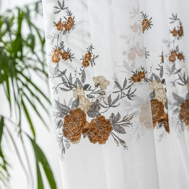 Cortina de tul bordada con flor naranja para sala de estar, tela de Organza, cortinas transparentes elegantes para balcón Tenda Js171C