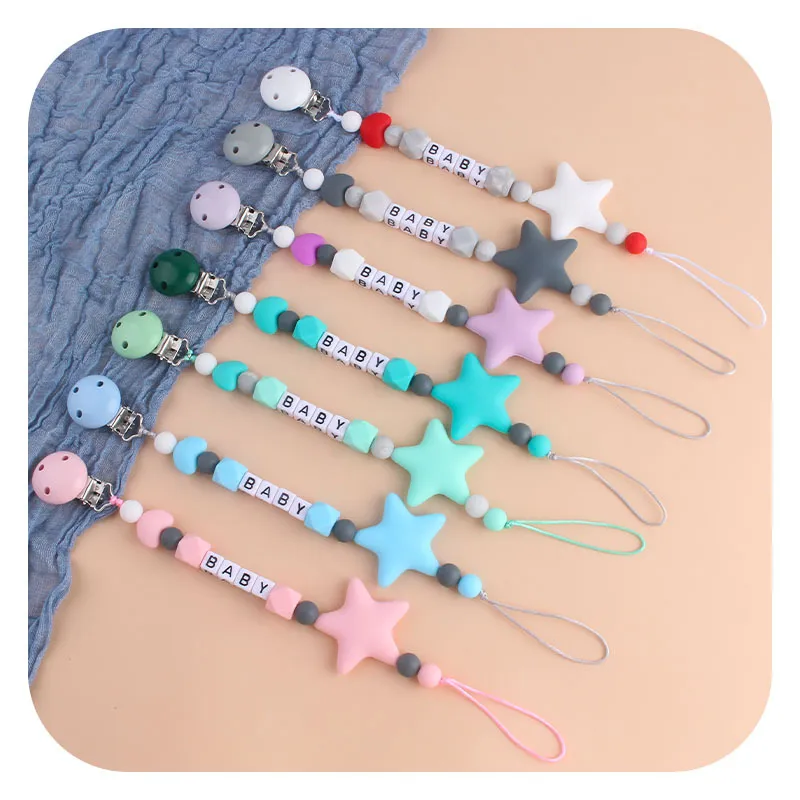 Baby Pacifier Clips Silicone Beads Star Clip Cute Soother Holder Infant Nipple Teether Newborn Chew Toys Feeding Accessories YFA3001