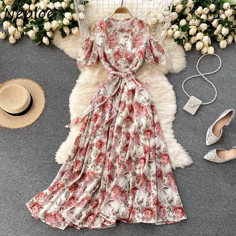 Neploe O Neck Pullover Short Sleeve Dress Women High Waist Hip A Line Long Vestidos Holiday Bohemian Print Robe Summer 210423