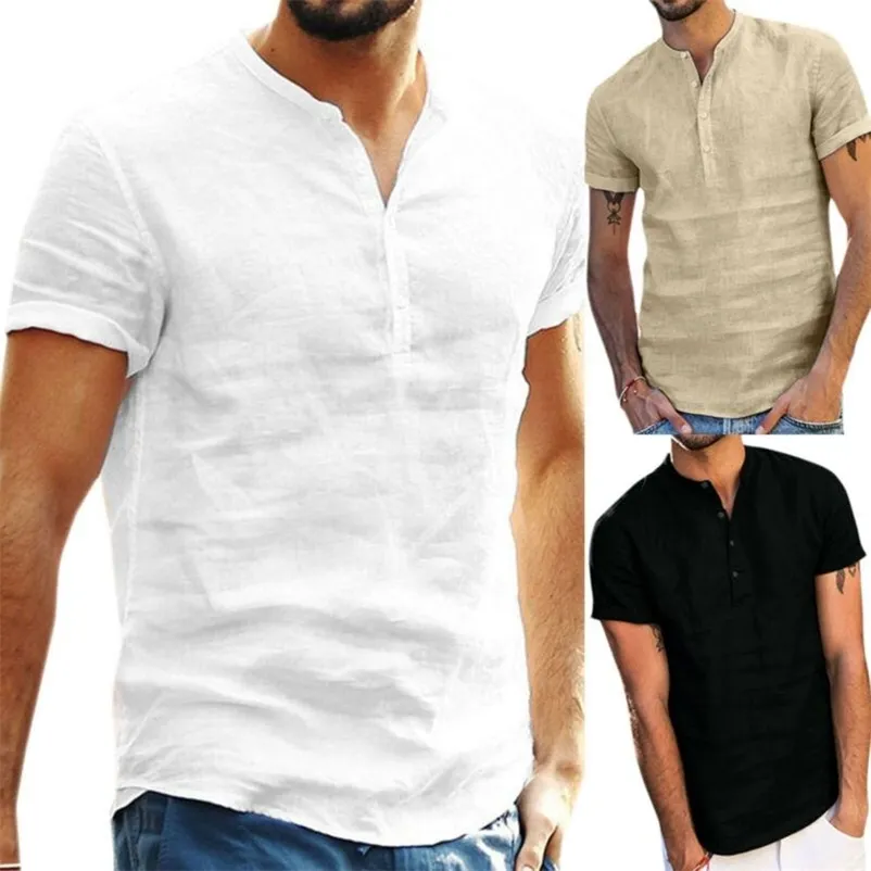 Male Short Sleeve Linen Button T-Shirt O-neck Fashion Summer solid Casual Cotton Henley Loose Blouse Tee Top Men Clothing 210726