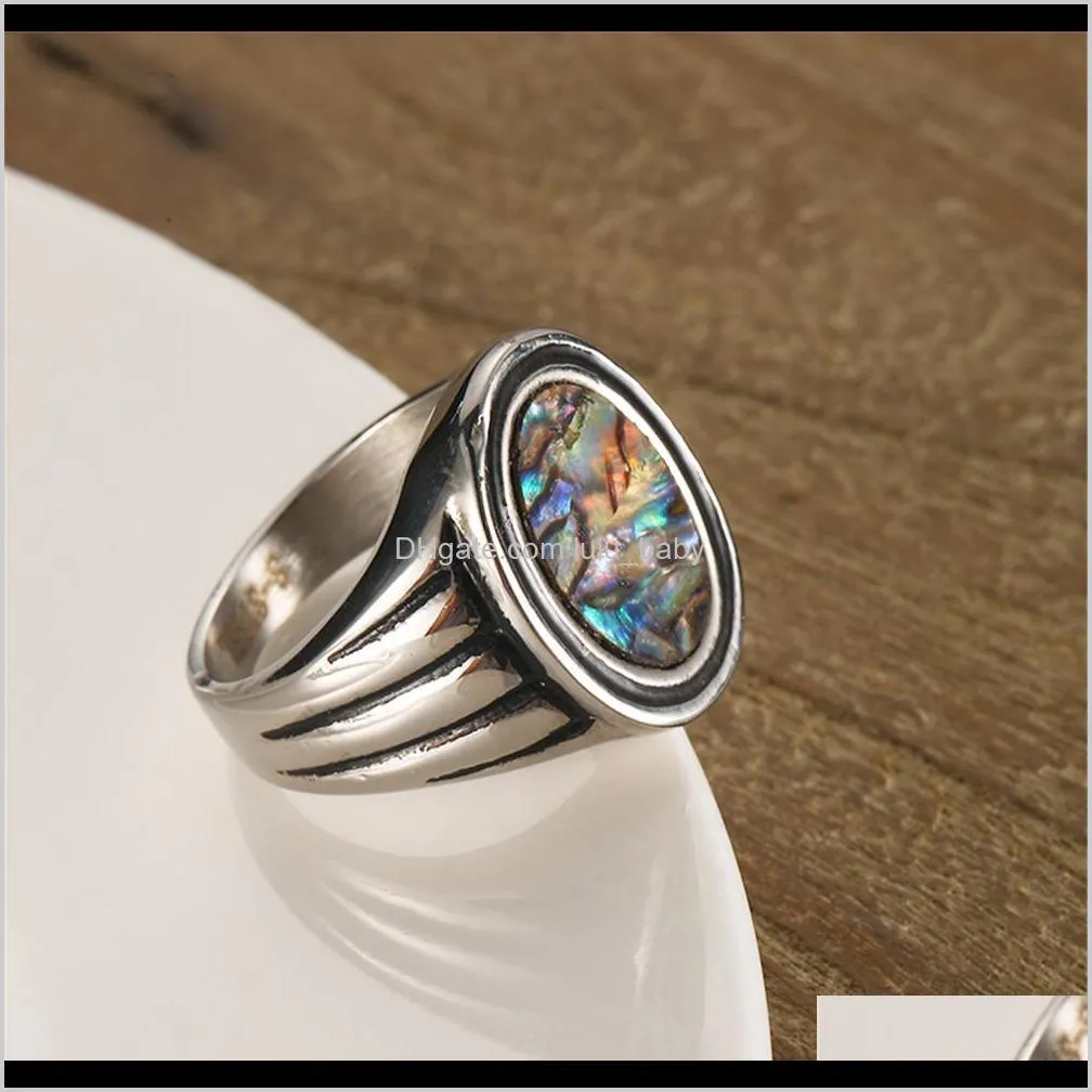 mens big rings stainless steel seal ring for men women punk ancient silver color oval colorful shell signet rings male jewelry
