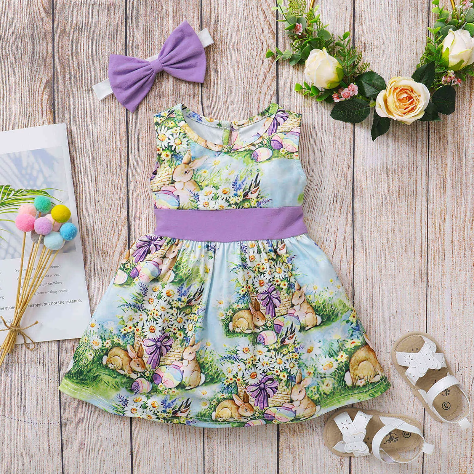 2021 New Easter Kids Clothes For Girl Newborn Baby Toddler Girl Easter Dress With Headband Sleeveless Floral Bunny Girl Clothing Q0716