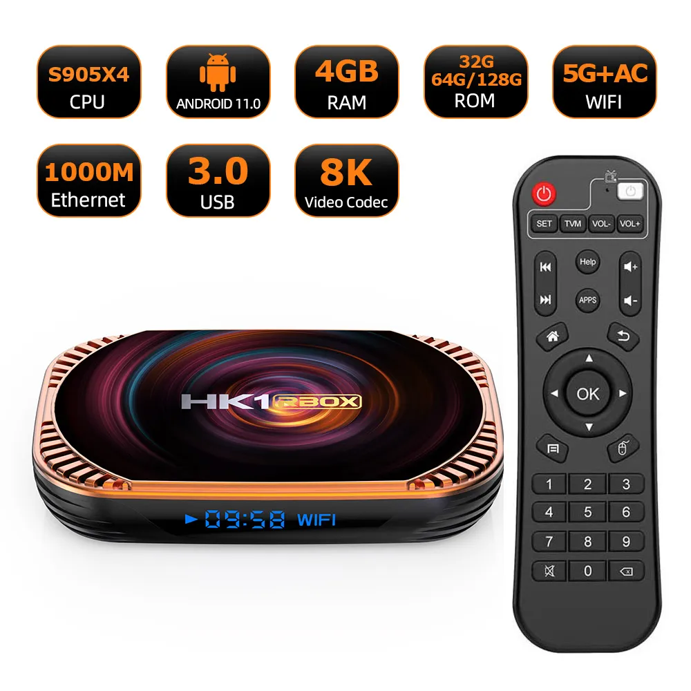 HK1 RBOX X4 Smart TV Box Android 11.0 Amlogic S905x4 8K 4G 32/64/128GB 3D WiFi 2.4G5G Support Google Player YouTube Netlflix