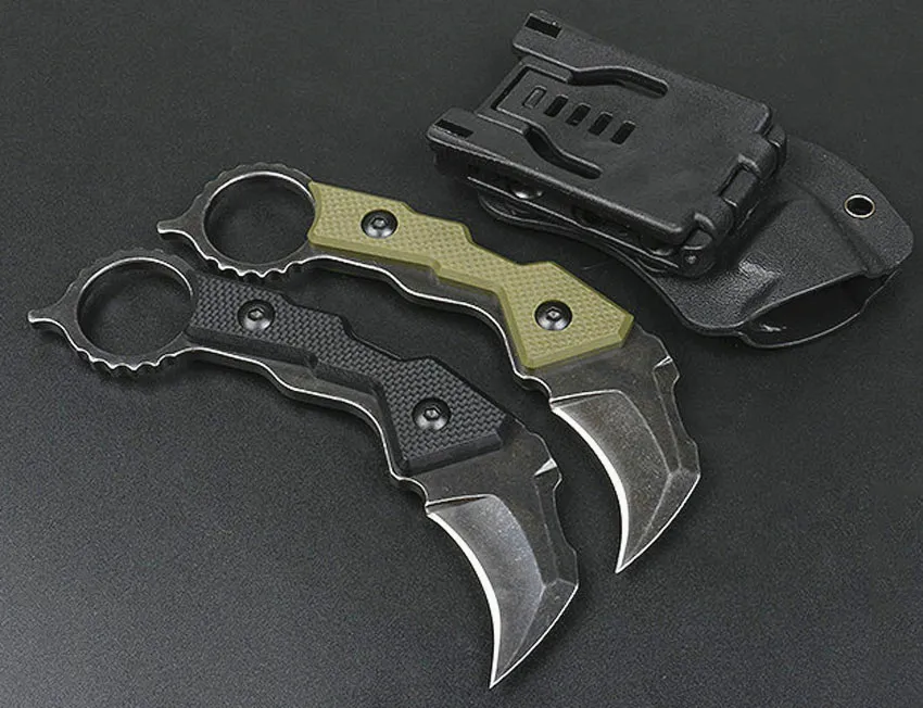 Promotie Karambit Mes D2 Black Stone Wash Blade Full Tang G10 Handvat vaste bladen klauwmessen met Kydex