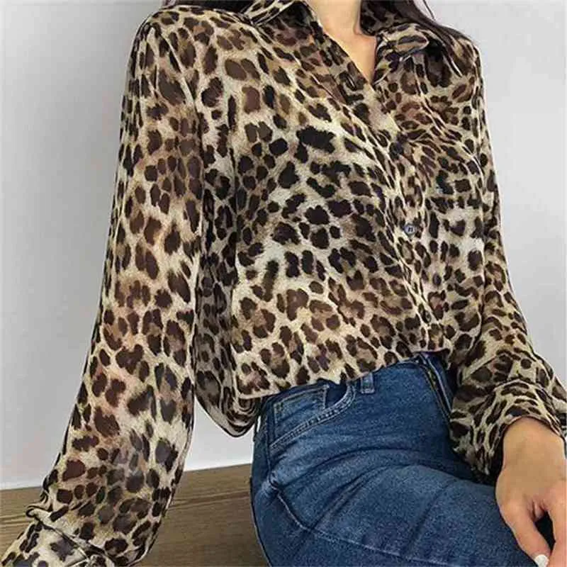 Sexy Womens leopardo blusa feriado longa manga tops outono profundo v-decote impressão praia senhoras camisas 210603