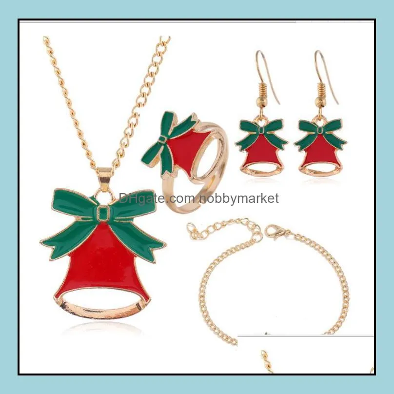 Christmas Jewelry Sets Santa Claus Xmas Tree Bells Elk Necklace Earrings Bracelet Ring 4pcs/set Kids Women Girls Christmas Gift