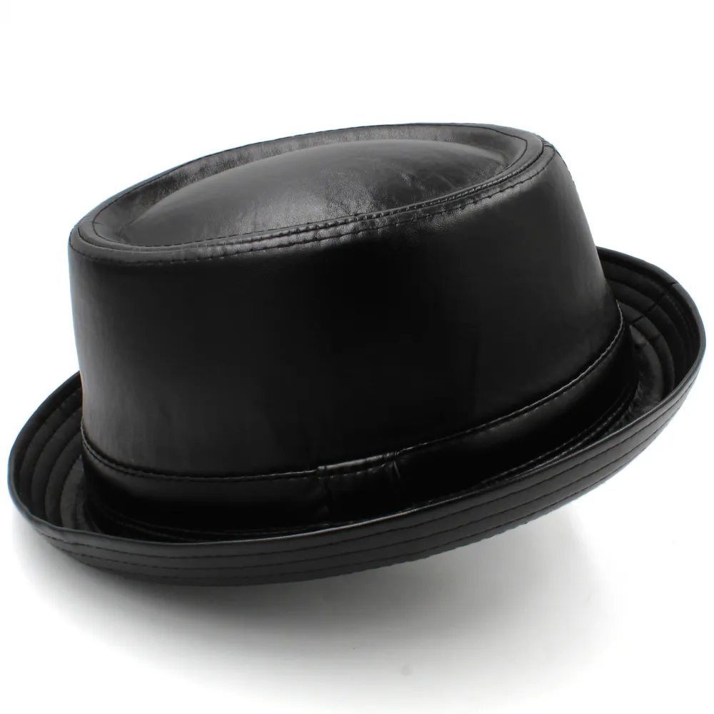 Erkekler Kadınlar PU Deri Domuz Pasta Şapka Fedora Caps Trilby Sunhat Klasik Caz Parti Açık Seyahat Sokak Stil Boyutu US 7 3/8 UK L