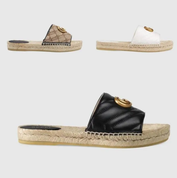 Designer sommar plattform lyx casual sandaler mode gyllene bokstav platt botten dam fiskare skor läder hampa rep gräs spets vävda sandaler