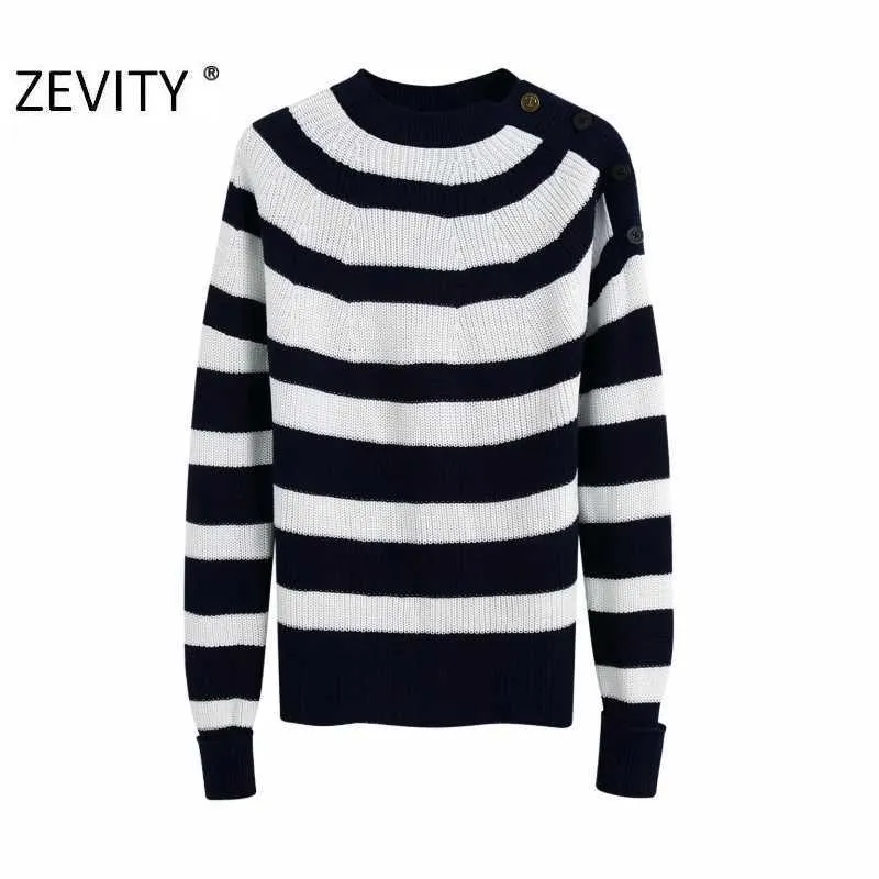 Zevidade Mulheres Vintage O Pessoas Neck Striped Pattern Tricô Casual Slim Camisola Fêmea Ombro Botão Pullover Suéteres Chic Tops Chic S361 210603