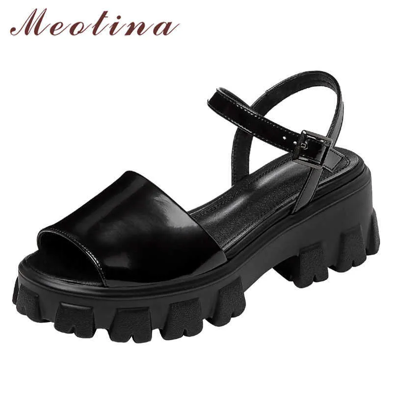 Meotina Kvinnor Skor Naturligt äkta Läder Sandaler Plattform Hög Högskinn Sandaler Peep Toe Tjock Lady Footwear Summer Black 34-43 210608