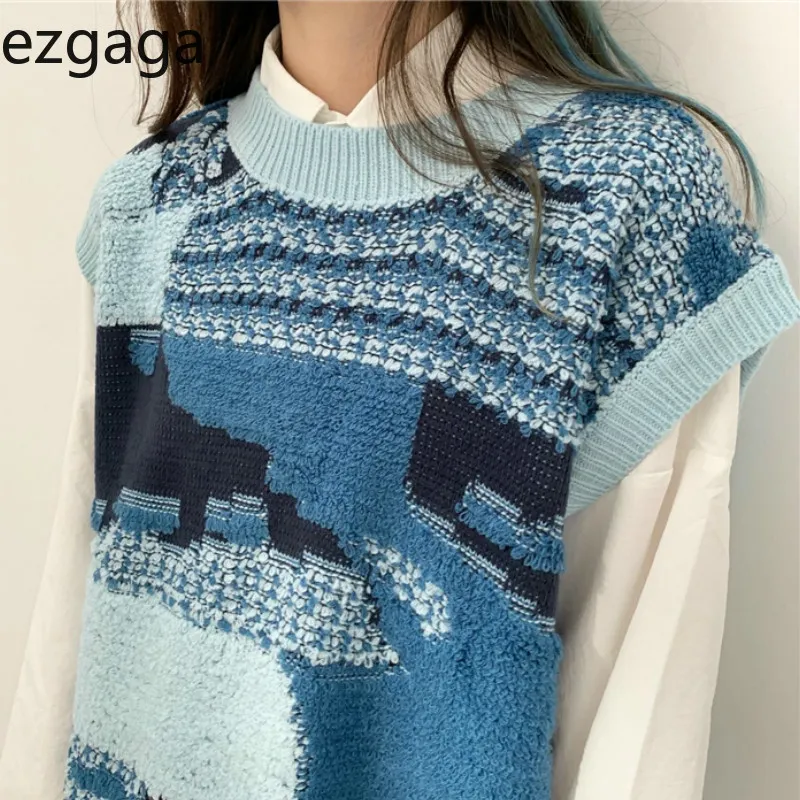 Ezgaga hav och himmel graffiti sweater väst kvinnor japansk stil patchwork o-nacke lös väst vinter ärmlös y2k toppar kvinnlig 210430