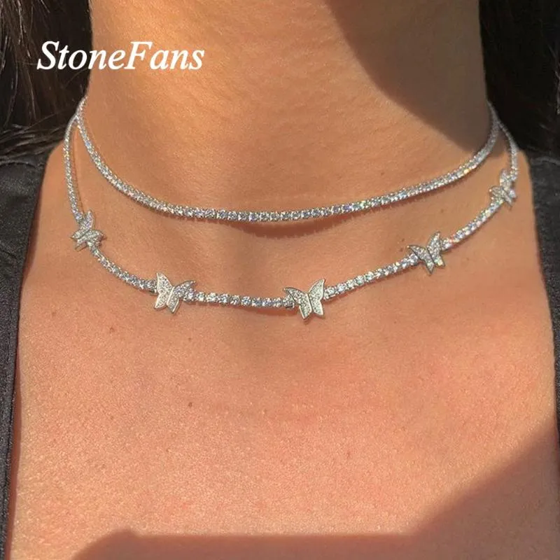 Stonefans dupla cadeia de camada bonito colar de borboleta atacado para mulheres declaração strass tênis gargantilha colarinho jóias corijficas
