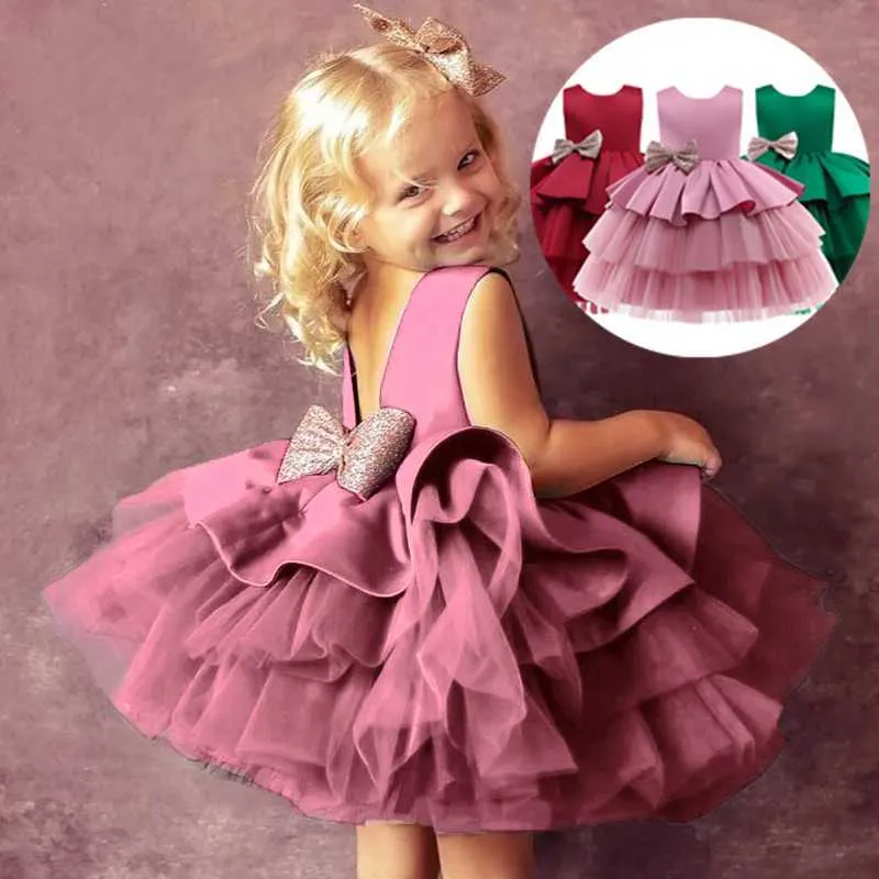 Mädchen Kleider Kinder Sommer Ärmellose Hochzeit und Geburtstag Party Pailletten Bogen Kuchen Vestidos Kinder Spitze Smash Tutu Prinzessin Kleid Q0716