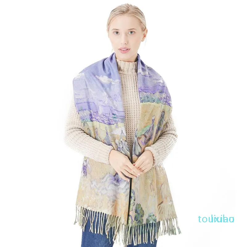 Scarves Winter Warm Cashmere Scarf Women Luxury Oil Paint Pashmere Shawl Femme Designer Outdoor Cape Blanket With Tassels 11