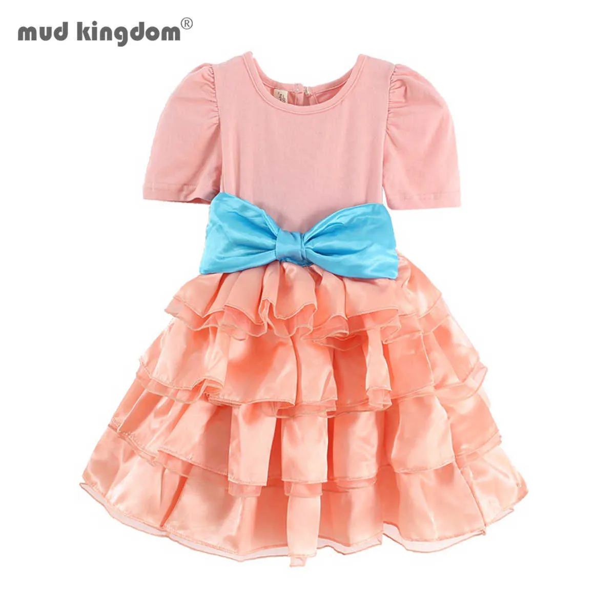 Mudkingdom Summer Girls Layered Cake Princess Dress Party Big Bow Holiday Birthday Wedding Casua Tiered Clothes 210615