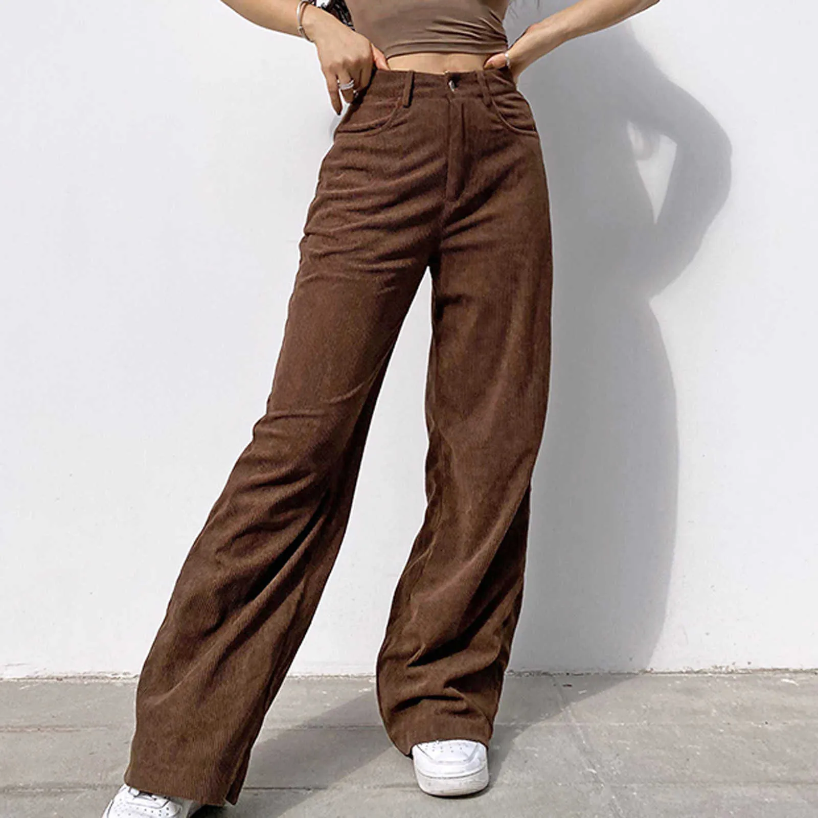 Corduroy Pants Women Vintage 90s Indie Streetwear Teenager Skater Girl Style Baggy Pants Fashion High Waist Brown Trousers#h3 Q0801