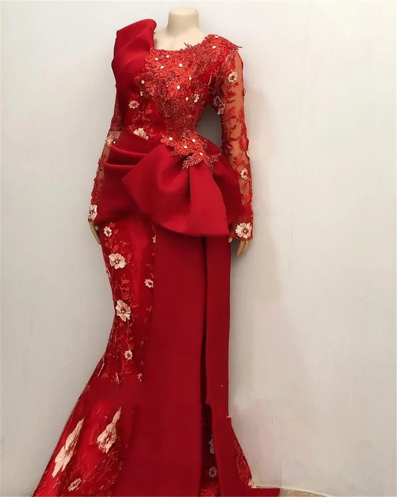 Africano Mangas Compridas Rendas Vestidos de Noite Sereia 2021 Aso Ebi Mangas Compridas Pregas Peplum Vermelho Vestidos de Baile Robe De Soiree