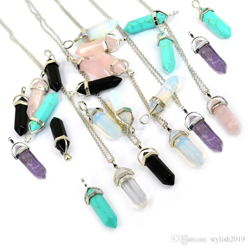 Bullet Shape Pendants Real Amethyst Natural Crystal Quartz Healing Point Chakra Bead Gemstone Opal Stone Pendant Chain Halsband Smycken WCW082