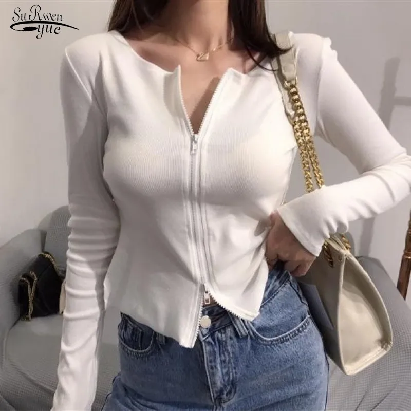 Z długim rękawem V-Neck Solid Slim Slim Screigan Streetwear Najważniejsze Wczesna wiosna Dzianiny z zamkiem błyskawicznym dla kobiet Ropa Mujer 12895 210521