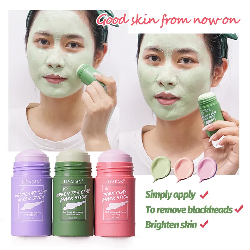 Groene Thee Stevige Klei Masker Stok Gezichtsreiniging Gezicht Zuiverende Olie Controle Anti Acne Aubergine Roze Roos Modder Maskers 40g