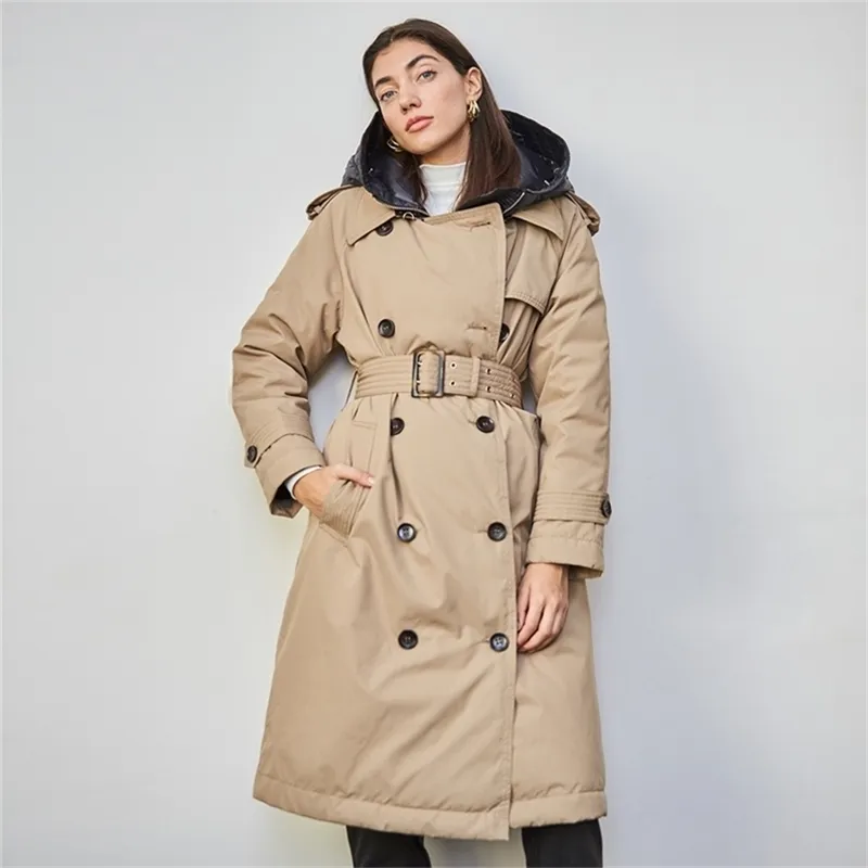 Britisch Down Trenchcoat Winter Weiße Ente Jacke Frauen Mit Kapuze Lange Dicke Warme Jacken Puffer Feder Weibliche Parka Mujer 211221