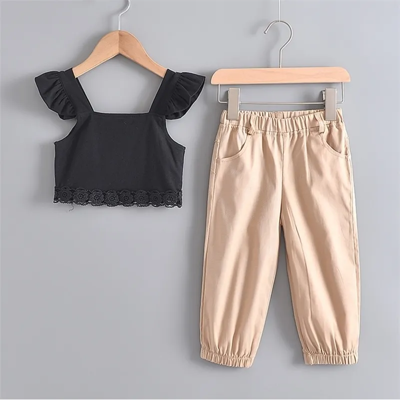 Bear Leader Girls Vêtements Ensembles Summer Fashion Girls Sans manches Splicing Design T-shirt + Pantalon décontracté 2pcs Vêtements pour filles 210326