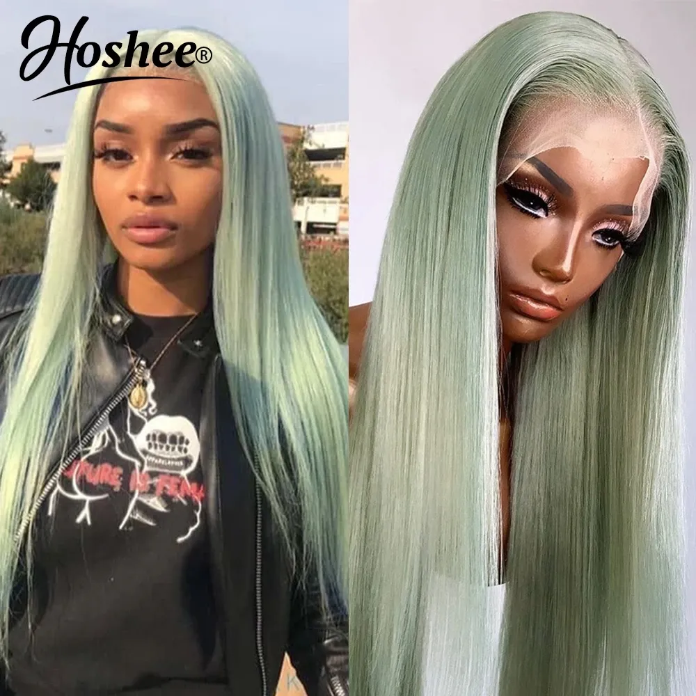 Style de mode Vert / rose / bleu aucun Perruque avant de lacet 13x4 Perruques synthétiques transparentes Pré-plumées 18-30 pouces Cheveux brésiliens droits