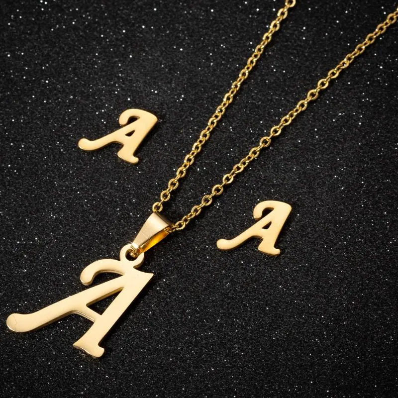 Pendant Necklaces Jewelry Set 26 Letters Initial Necklace Earrings For Women Alphabet Pendants Earring Stainless Steel Charm