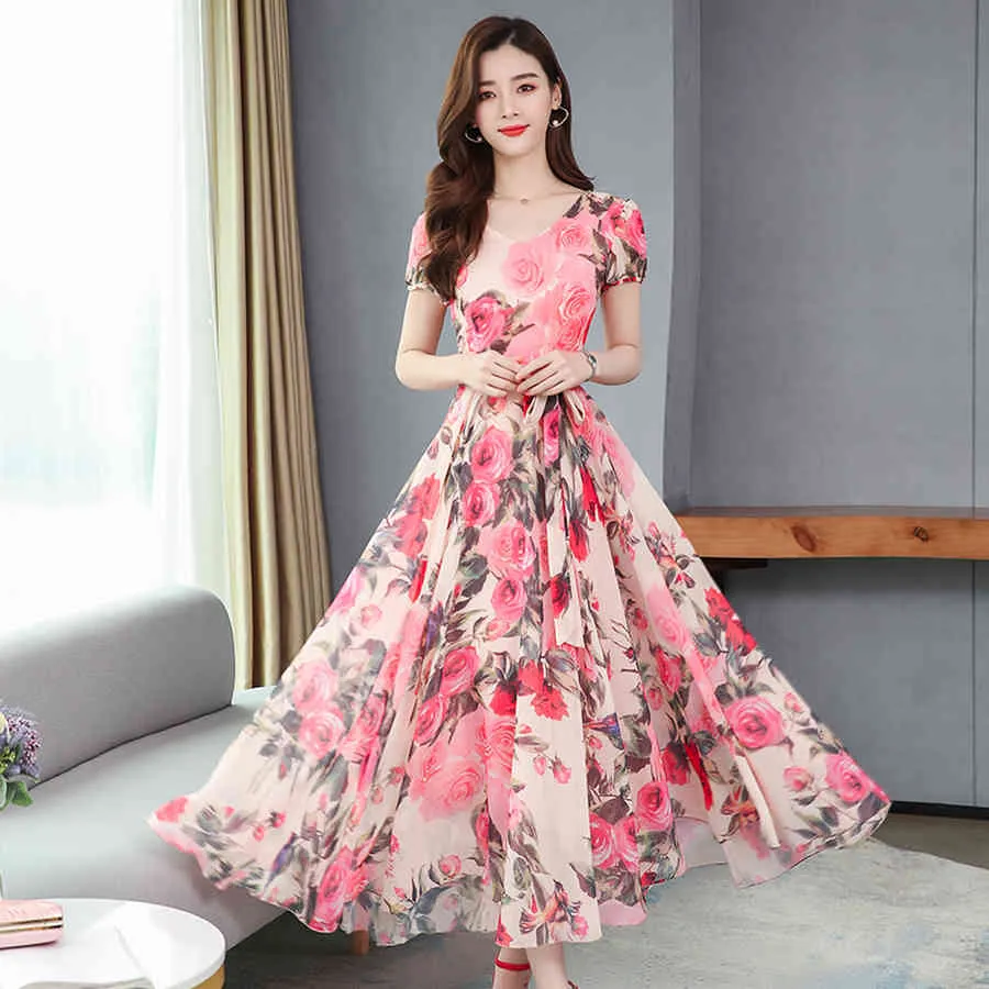 Floral Beach Womens Long Dress Summer 2023 New Clothing Maxi Chiffon Party  Casual Vacation Dresses Korean V Neck Elegant Evening