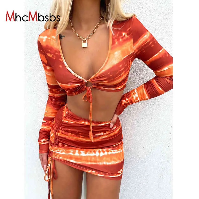 2-częściowy zestaw Drukowane Sexy Bodycon Mini Spódnice Kobiety Z Długim Rękaw Halter Crop Tops Sznurek Ruched Krótki Spódnica Letnie Stroje 210517